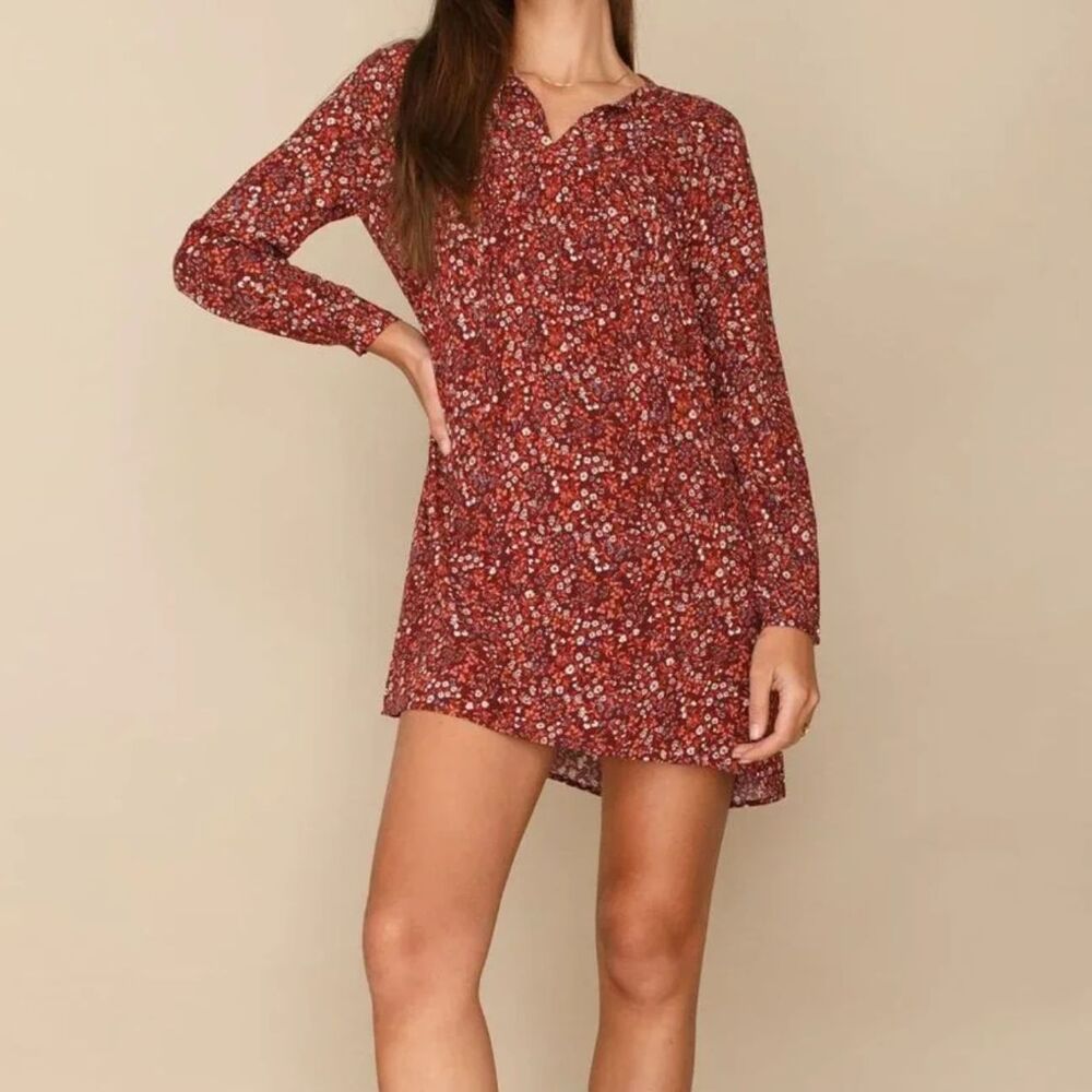 NWOT Reformation Burgundy Long Sleeve Ditsy Floral Print Keyhole Mini Dress Sz M
